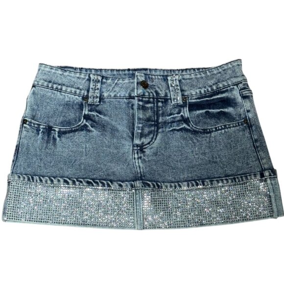 NEW Y2k Edge Womens M Denim Mini Skirt Rhinestone Trim Sparkle Bling Club party - Picture 2 of 10